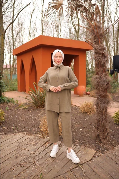 Sade İkili Tesettür Gömlek Takımı - (38-46) - 71263 - Haki - Resim 3