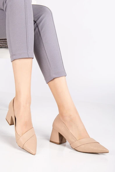 Kadın Topuklu Ayakkabı Bej Baskılı Deri Yanyüzlü Sivri Kalıp - Resim 2