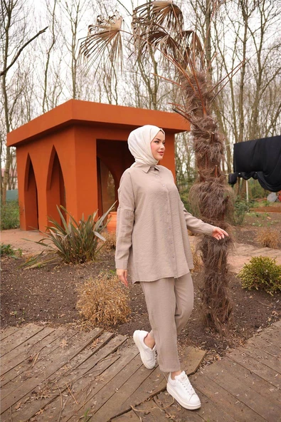 Sade İkili Tesettür Gömlek Takımı - (38-46) - 71263 - Bej - 2