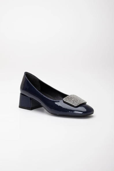 Büyük Numara Rugan Kare Taşlı Lacivert Kadın Kısa Topuklu Ayakkabı - Resim 4