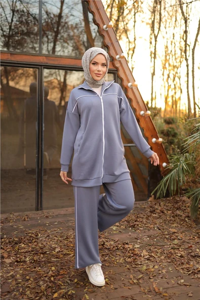 Fermuarlı Kısa Sade İkili Tesettür Eşofman Takımı - (38-46) - 71230 - İndigo - Resim 2