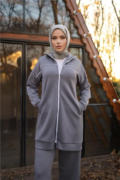 Fermuarlı Kısa Sade İkili Tesettür Eşofman Takımı - (38-46) - 71230 - Füme - 5
