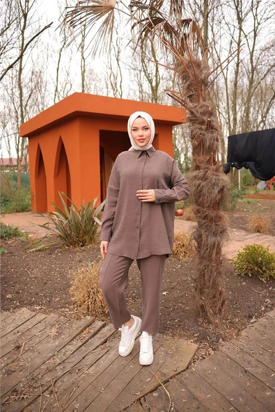 Sade İkili Tesettür Gömlek Takımı - (38-46) - 71263 - Kahverengi