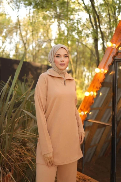 Fermuar Yaka Sade Sweat İkili Takım - (38-46) - 71221 - Bej - Resim 4