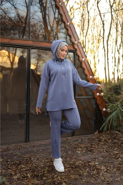 Kapşonlu Yarım Çıtçıtlı Kısa İkili Tesettür Eşofman Takımı - (38-46) - 71234 - İndigo - Resim 3