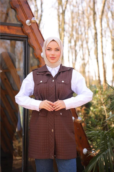Belden Lastikli Çıtçıtlı Dört Cepli Kapitone Yelek - (38-46) - 71256 - Kahverengi - 5