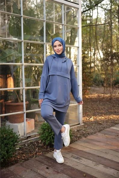 Kapşonlu Kanguru Cepli Sweat-Pantolon İkili Eşofman Spor Takımı - (38-46) - 71214 - İndigo - 2