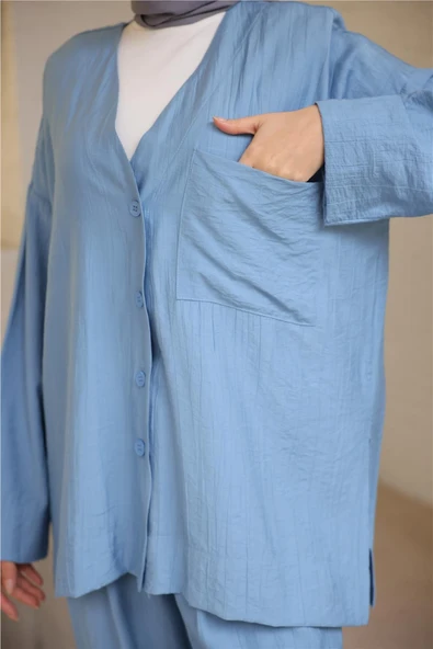 V Yaka Düğmeli Cepli İkili Tesettür Eşofman Takımı - (38-46) - 71244 - İndigo - Resim 6