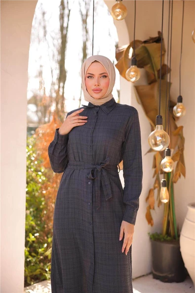 Belden Bağcıklı Düpmeli Uzun Tunik Gömlek - (38-46) - 71255 - Antrasit - 4