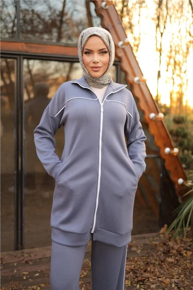 Fermuarlı Kısa Sade İkili Tesettür Eşofman Takımı - (38-46) - 71230 - İndigo - Resim 4