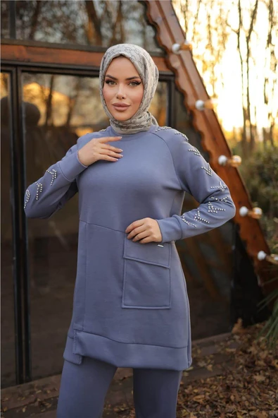 Taş Detaylı Tek Cepli O Yaka İkili Tesettür Eşofman Takımı - (38-46) - 71233 - İndigo - 4