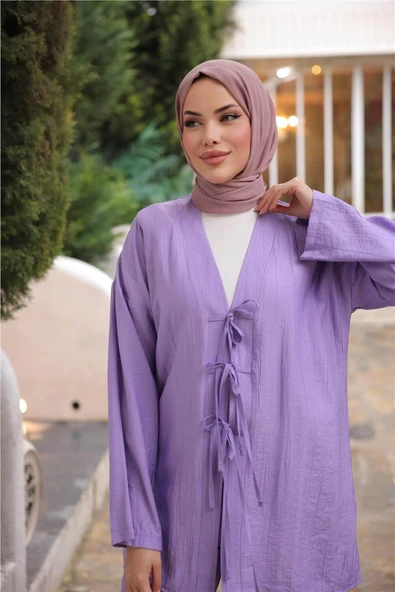 V Yaka Bağcıklı İkili Tesettür Eşofman Takımı - (38-46) - 71243 - Lila - Resim 4