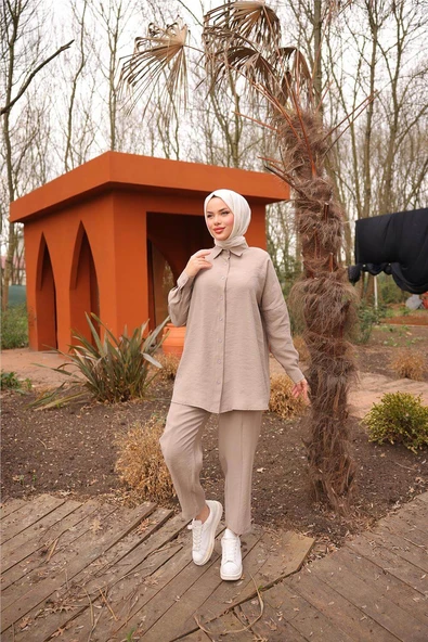 Sade İkili Tesettür Gömlek Takımı - (38-46) - 71263 - Bej - 3