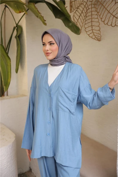 V Yaka Düğmeli Cepli İkili Tesettür Eşofman Takımı - (38-46) - 71244 - İndigo - Resim 5
