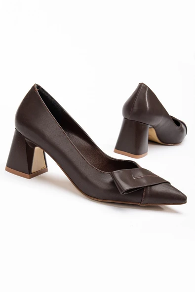Kadın Topuklu Ayakkabı Kahve Yan Fiyonklu Kalın Topuklu ürün görseli
