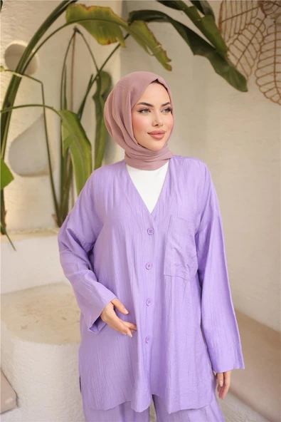 V Yaka Düğmeli Cepli İkili Tesettür Eşofman Takımı - (38-46) - 71244 - Lila - Resim 5