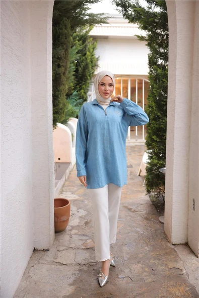 Yarım Fermuarlı Yaka Logo Baskılı Tunik - (38-46) - 71245 - Turkuaz - 3