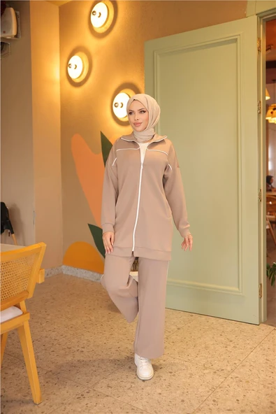 Fermuarlı Kısa Sade İkili Tesettür Eşofman Takımı - (38-46) - 71230 - Nescafe - Resim 2