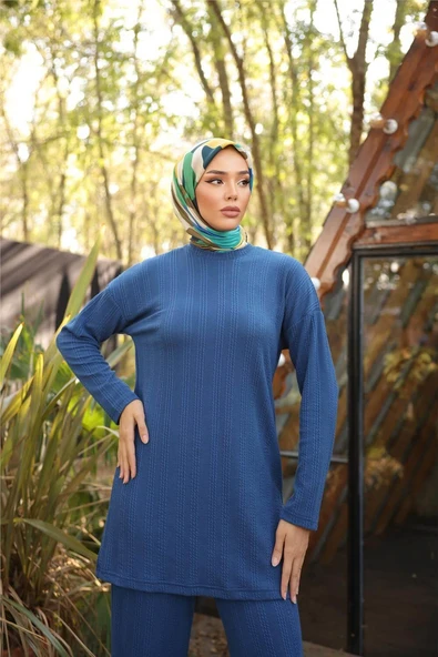 O Yaka Kısa Tunik Pantolon Sade İkili Tesettür Eşofman Takımı - (38-46) - 71219 - İndigo - 2