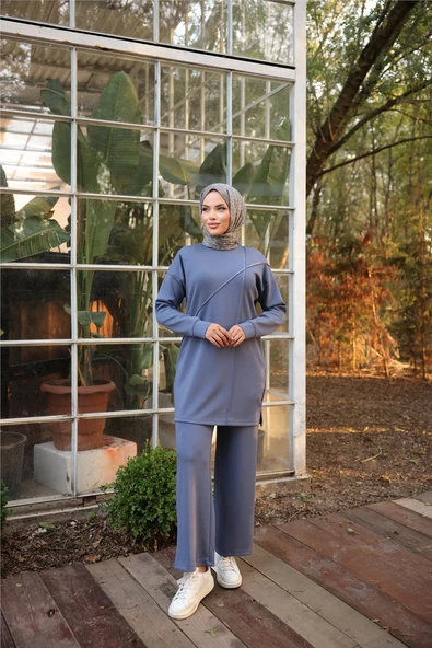 Çarpraz Taş Detaylı O Yaka Sweat-Pantolon İkili Eşofman Spor Takımı - (38-46) - 71215 - İndigo ürün görseli