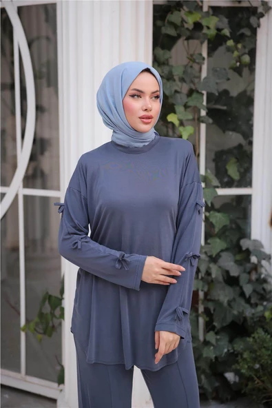 O Yaka Kolları Kurdela Detaylı İkili Tesettür Eşofman Takımı - (38-46) - 71251 - İndigo - Resim 2