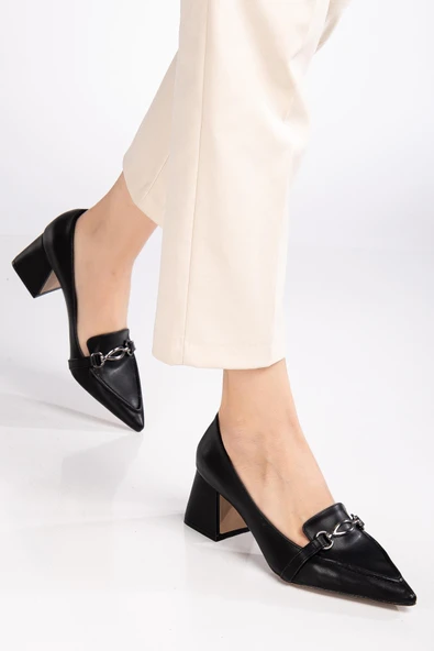 Kadın Topuklu Ayakkabı Siyah Sivri Tokalı Kalın Topuklu - Resim 2