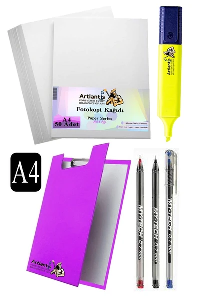 Kapaklı Sekreterlik A4 Tükenmez Kalem 3 Renk A4 Beyaz Fotokopi Kağıdı 50 Adet Fosforlu Kalem Sarı Ofis Büro Okul - 4