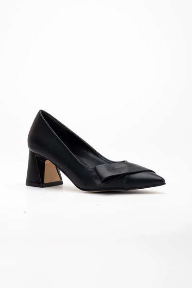 Kadın Topuklu Ayakkabı Siyah Yan Fiyonklu Kalın Topuklu - Resim 4