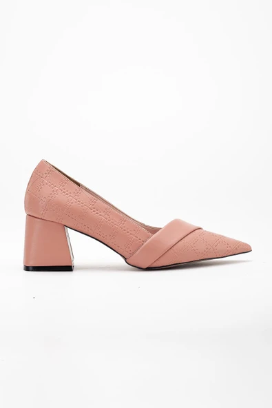 Kadın Topuklu Ayakkabı Pudra Baskılı Deri Yanyüzlü Sivri Kalıp - Resim 3