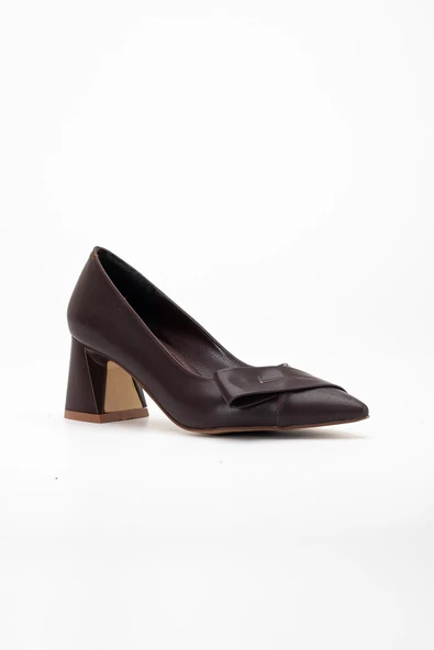Kadın Topuklu Ayakkabı Kahve Yan Fiyonklu Kalın Topuklu - Resim 4