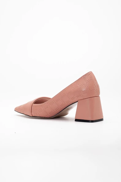 Kadın Topuklu Ayakkabı Pudra Baskılı Deri Yanyüzlü Sivri Kalıp - Resim 5