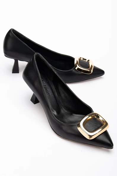 Kadın Topuklu Ayakkabı Siyah Kare Tokalı Cilt Kadeh Topuklu ürün görseli