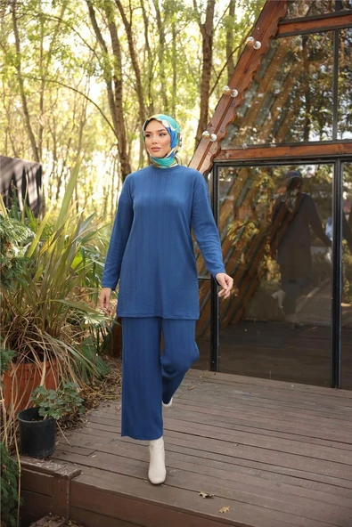 O Yaka Kısa Tunik Pantolon Sade İkili Tesettür Eşofman Takımı - (38-46) - 71219 - İndigo