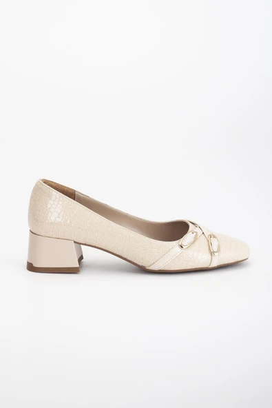 Büyük Numara Kroko Rugan Küt Burun Bej Kadın Kısa Topuklu Ayakkabı - Resim 3