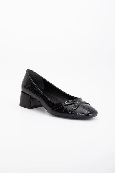 Büyük Numara Kroko Rugan Küt Burun Siyah Kadın Kısa Topuklu Ayakkabı - Resim 4