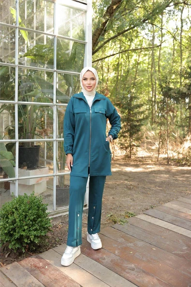Fermuarlı Cepli Çıtçıt Detayı İkili Tesettür Eşofman Takımı - (38-46) - 71207 - Koyu Petrol