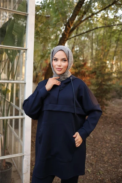 Kapşonlu Kanguru Cepli Sweat-Pantolon İkili Eşofman Spor Takımı - (38-46) - 71214 - Lacivert - Resim 6