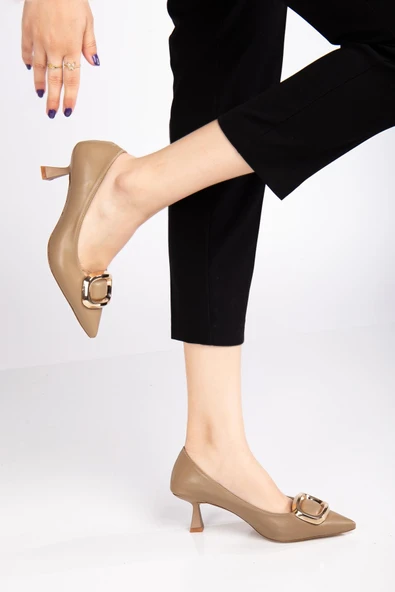 Kadın Topuklu Ayakkabı Vizon Kare Tokalı Cilt Kadeh Topuklu - Resim 2