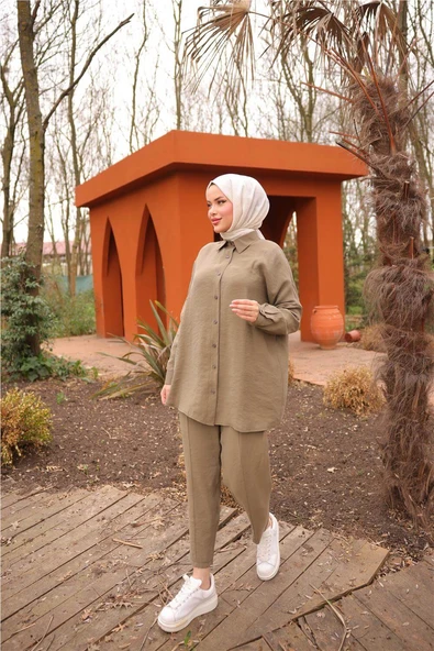 Sade İkili Tesettür Gömlek Takımı - (38-46) - 71263 - Haki - Resim 2