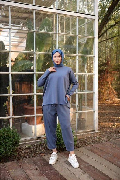 Arkası Uzun O Yaka Kısa Sweat-Pantolon İkili Eşofman Spor Takımı - (38-46) - 71216 - İndigo ürün görseli