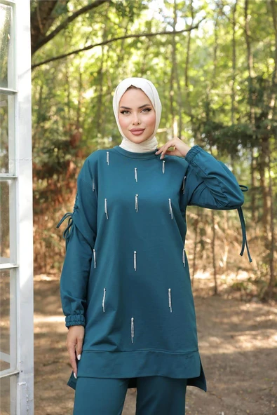 O Yaka Koldan Bağcıklı Taş Detaylı İkili Tesettür Eşofman Takımı - (38-46) - 71208 - Koyu Petrol - Resim 5