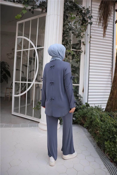 O Yaka Kolları Kurdela Detaylı İkili Tesettür Eşofman Takımı - (38-46) - 71251 - İndigo - Resim 7