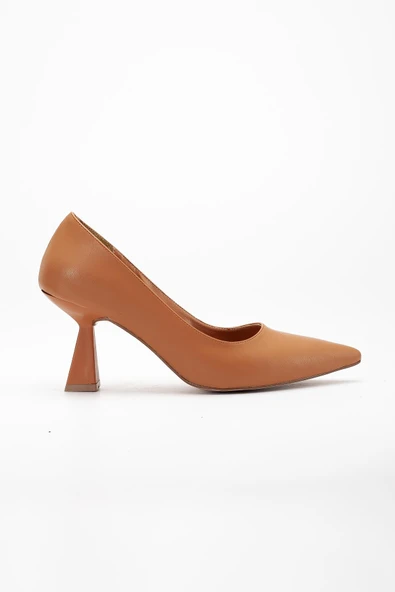 Cilt İnce Topuk Camel Büyük Numara Kadın Ayakkabısı Topuklu Stiletto - Resim 3