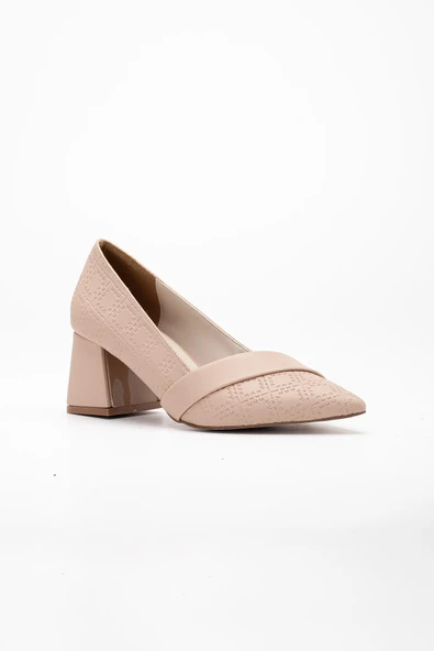 Kadın Topuklu Ayakkabı Bej Baskılı Deri Yanyüzlü Sivri Kalıp - Resim 4