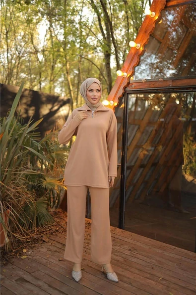 Fermuar Yaka Sade Sweat İkili Takım - (38-46) - 71221 - Bej - Resim 2