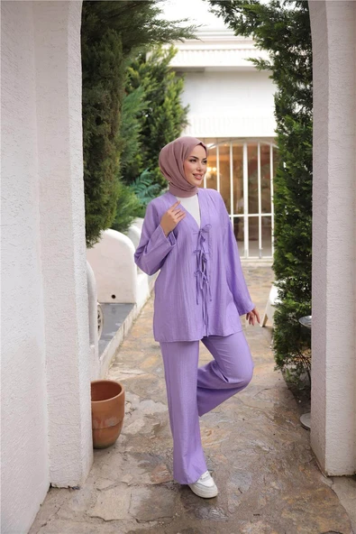 V Yaka Bağcıklı İkili Tesettür Eşofman Takımı - (38-46) - 71243 - Lila - Resim 2