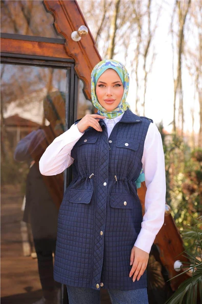 Belden Lastikli Çıtçıtlı Dört Cepli Kapitone Yelek - (38-46) - 71256 - Lacivert