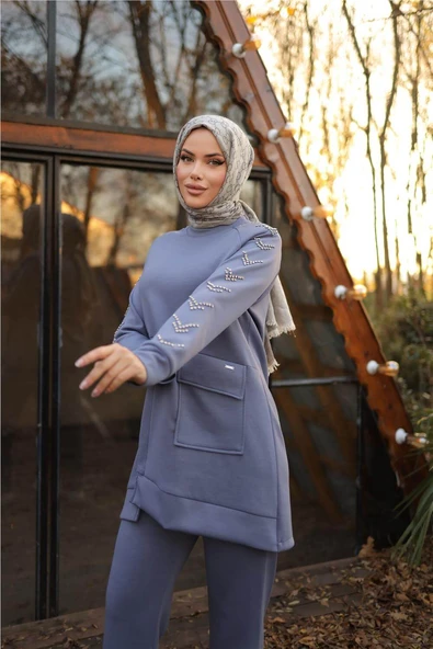 Taş Detaylı Tek Cepli O Yaka İkili Tesettür Eşofman Takımı - (38-46) - 71233 - İndigo - 5