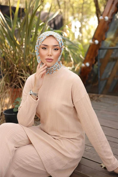 O Yaka Kısa Tunik Pantolon Sade İkili Tesettür Eşofman Takımı - (38-46) - 71219 - Bej - 3