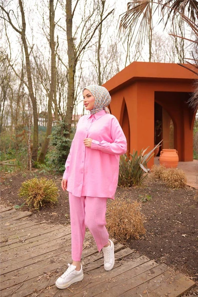 Sade İkili Tesettür Gömlek Takımı - (38-46) - 71263 - Fuşya - Resim 3